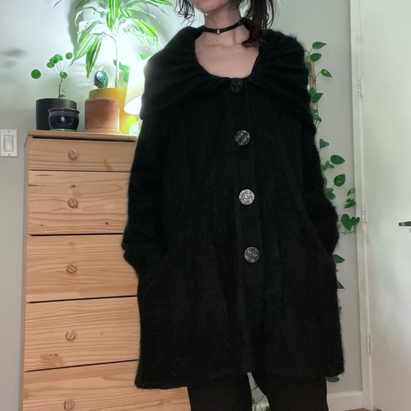 Cozy Black Angora Wool Sweater Coat with Giant Hood and Pockets Very Warm - M - Picture 12 of 12
